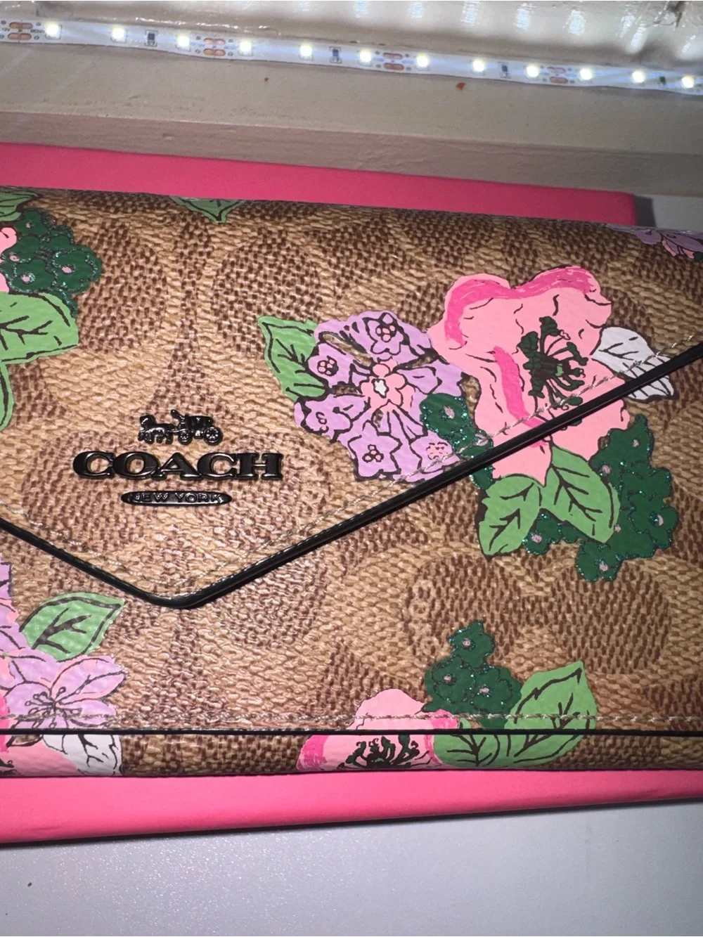 Like NEW & Rare Coach Brown Signature Floral Envelope Clutch with Pink Flowers